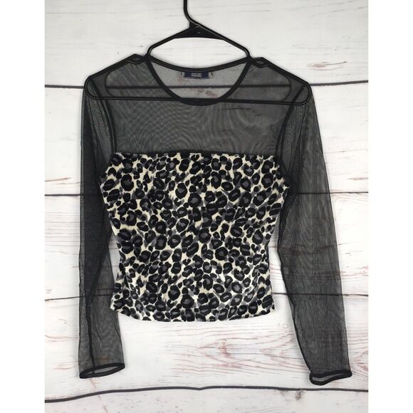 OBE Y2K Leopard Velvet‎ Mesh Top Blouse Shirt Mall Goth Grunge Dark 2000s Shirt - Picture 2 of 5